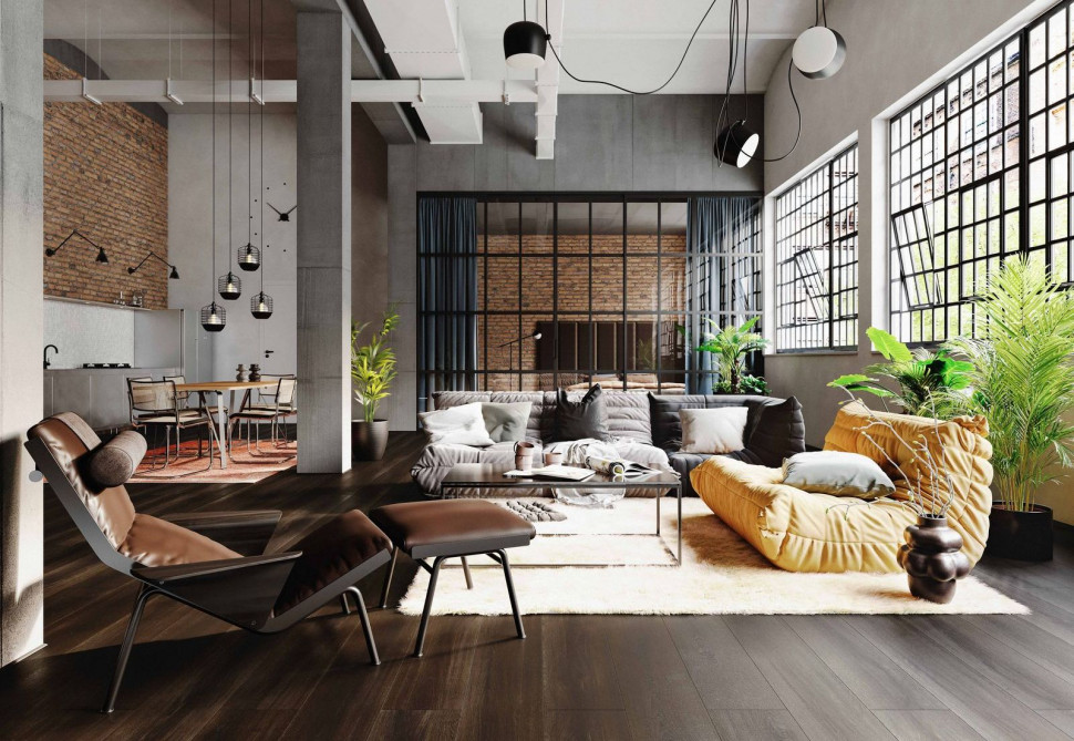 Ciemne panele winylowe w obszernym salonie