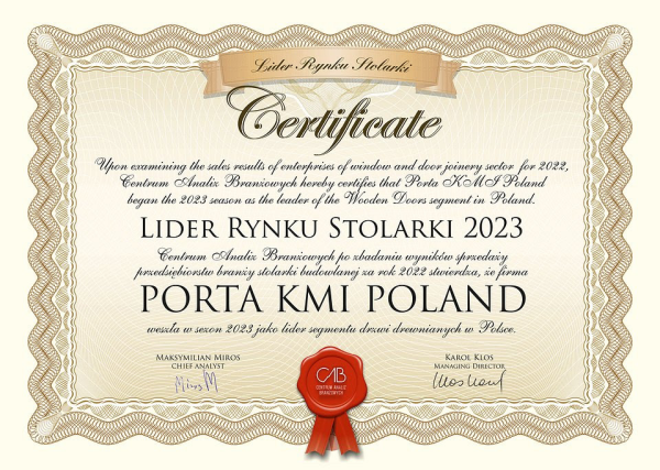 PORTA Liderem Rynku Stolarki 2023 - certyfikat
