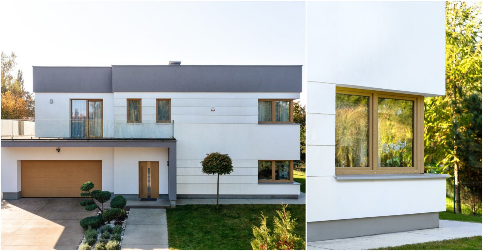 Okna PVC PRIMO, kolor Dąb Naturalny oraz drzwi i brama garażowa w systemie Home Inclusive™