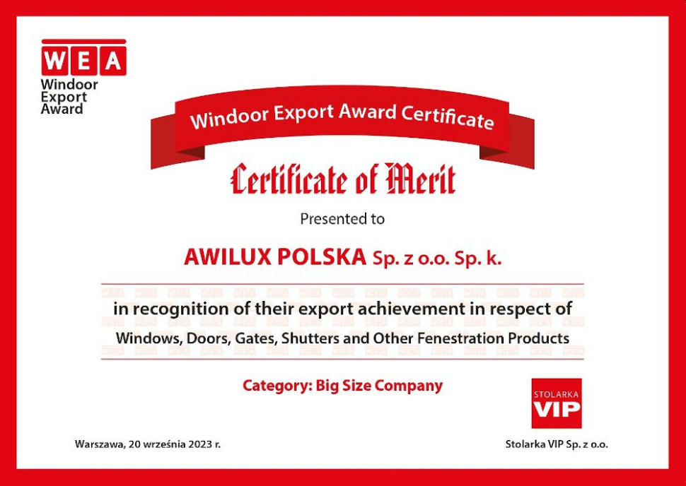 AWILUX otrzymał nagrodę Windoor Export Award przyznawaną firmom o imponującym potencjale eksportowym