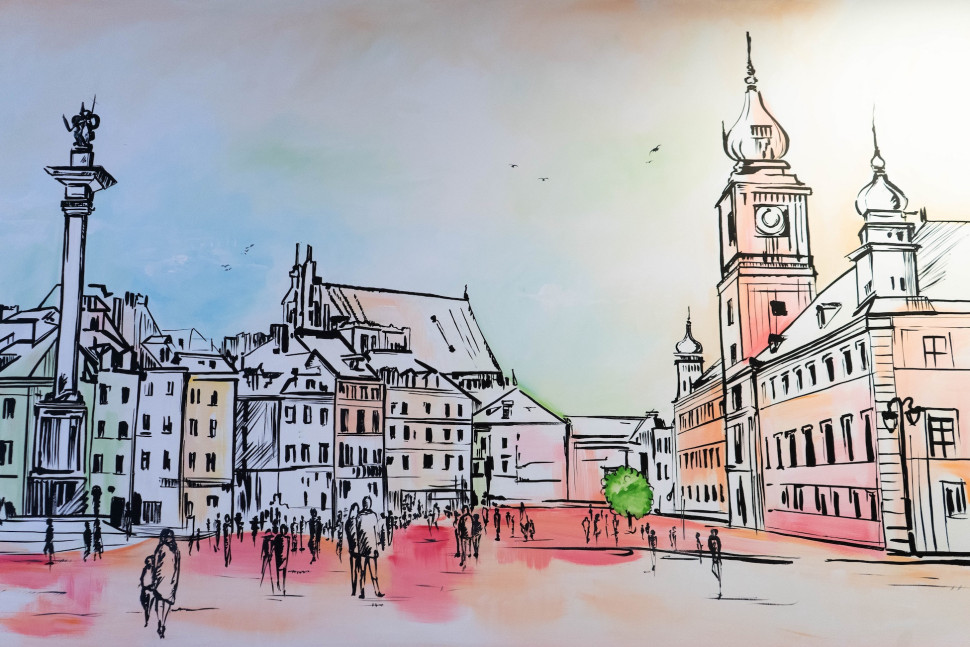 Obszar działu został również udekorowany kolorowymi obrazami z motywami z Warszawy