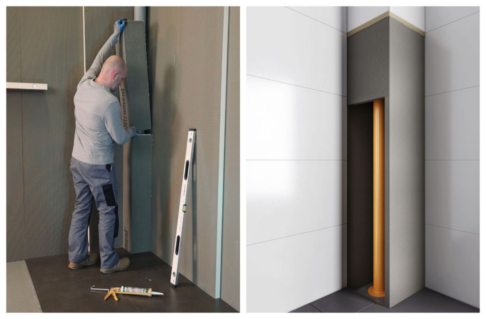 Zabudowa rury w łazience profilem narożnikowym z płyty budowlanej Ultrament