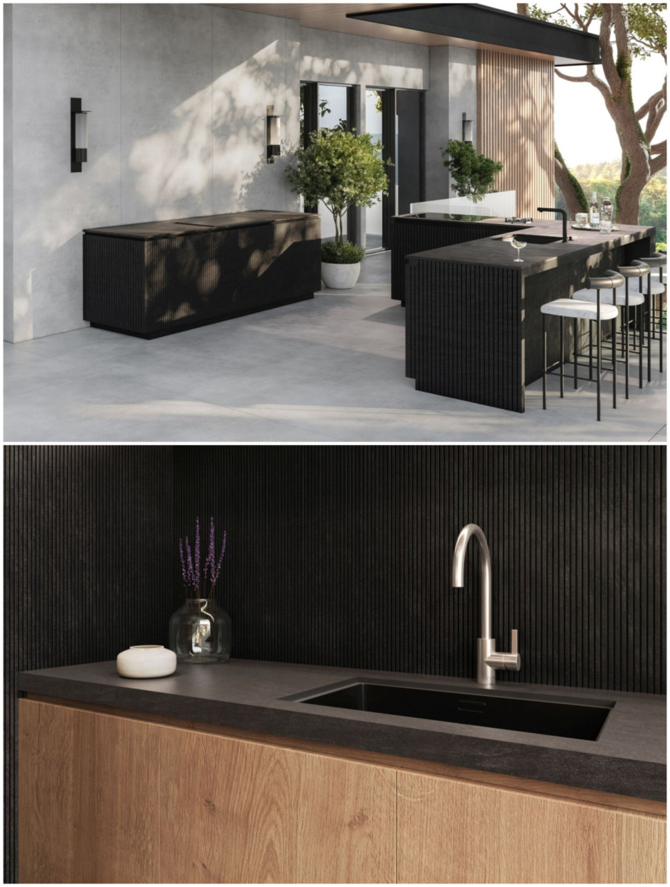 Aranżacje, przy których wykorzystano ryflowane okładziny z kolekcji Dekton Ukiyo.