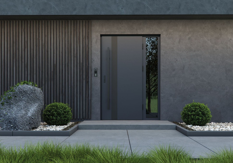 Drzwi zewnętrzne PORTA THERMO MODERN M2, Antracyt, panel czarny, antaba prosta, czarna dostawka