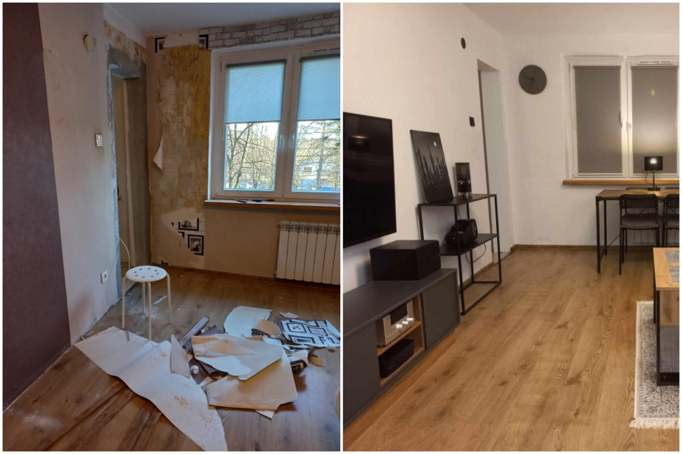 Na zdjęciu po lewej: początek prac remontowych w salonie, zdjęcie po prawej: efekt metamorfozy