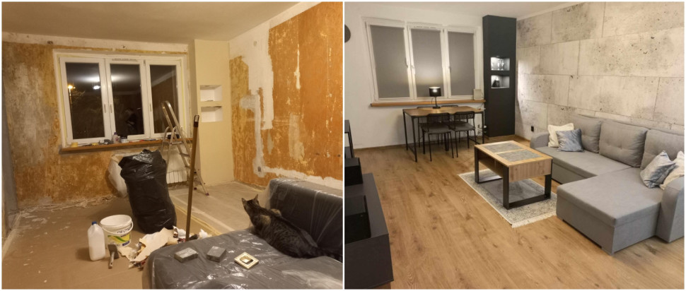 Na zdjęciu po lewej: wszystkie tapety zostały zerwane, na zdjęciu po prawej: nowa aranżacja w tym miejscu