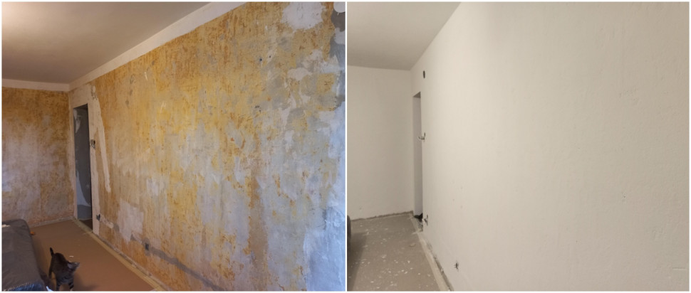 Zdjęcie po lewej: ściany przed malowaniem, zdjęcie po prawej: ściany zostały odmalowanie na biało