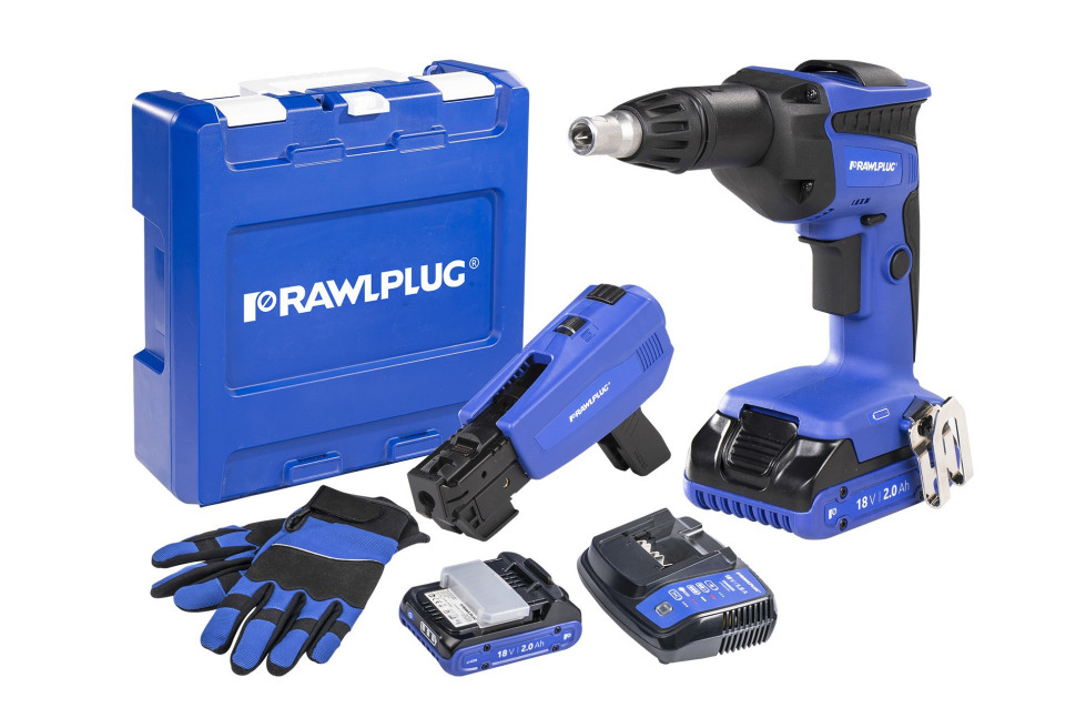 Wkrętarka do płyt gipsowo-kartonowych Rawlplug R-PDS18 w zestawie z akumulatorem, ładowarką, podajnikiem, rękawicami i walizką