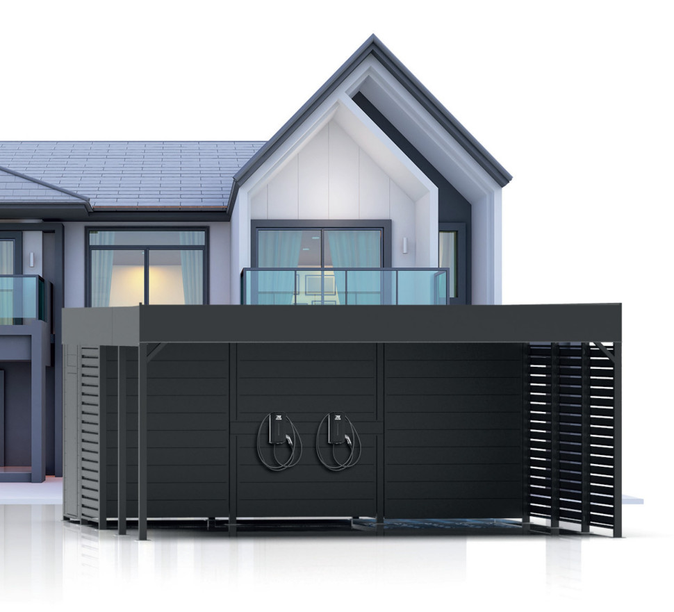Nowoczesna wiata garażowa wyposażona w panele fotowoltaiczne
