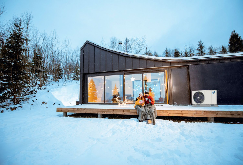 Jednostka zewnętrzna pompy ciepła zamontowana w nowoczesnym domu z dużymi oknami; zimowy krajobraz