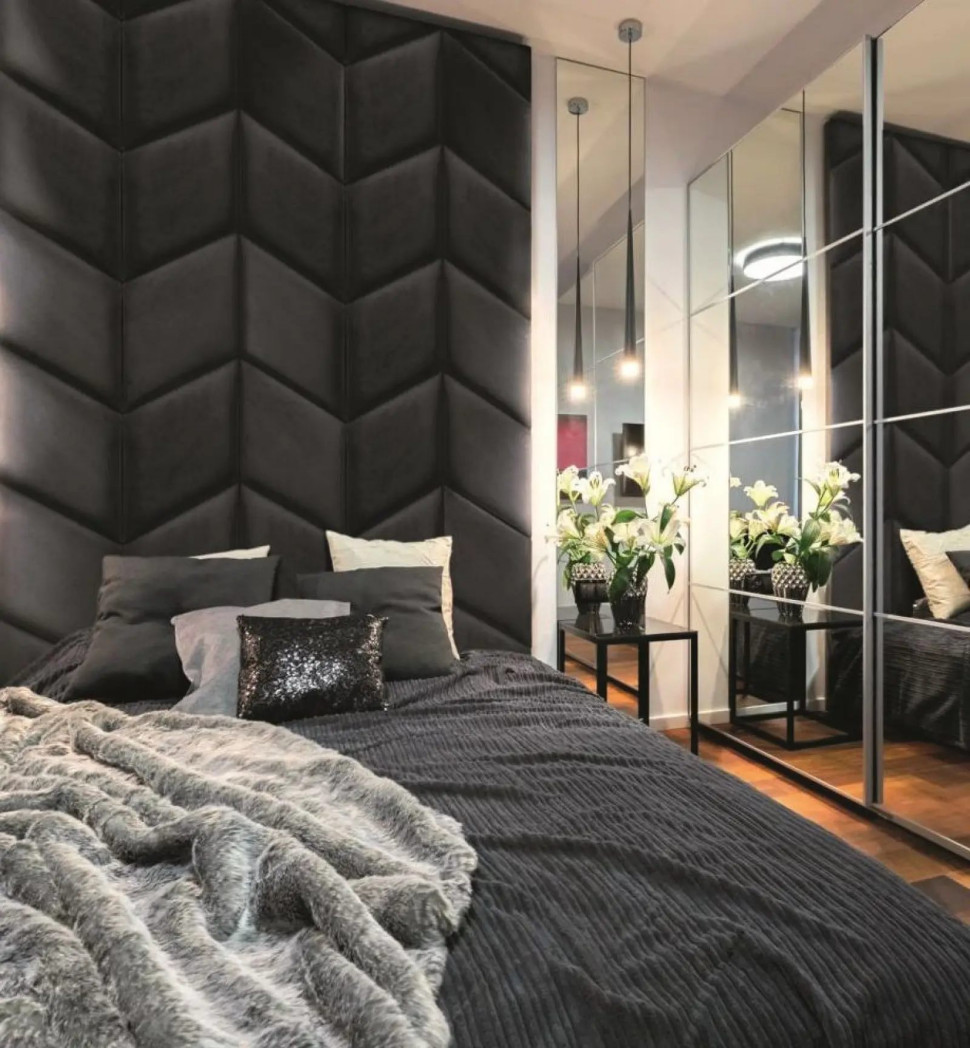 Panele tapicerowane mogą być wykorzystane do stworzenia efektownego zagłówka łóżka w sypialni.