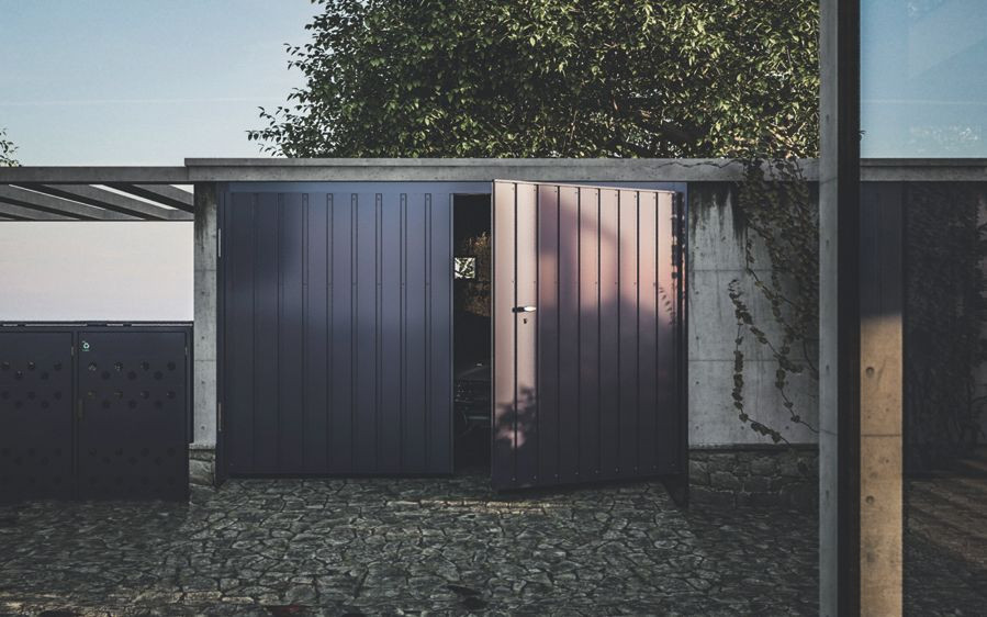 Tradycyjna brama garażowa, ze skrzydłami zawieszanymi na zawiasach