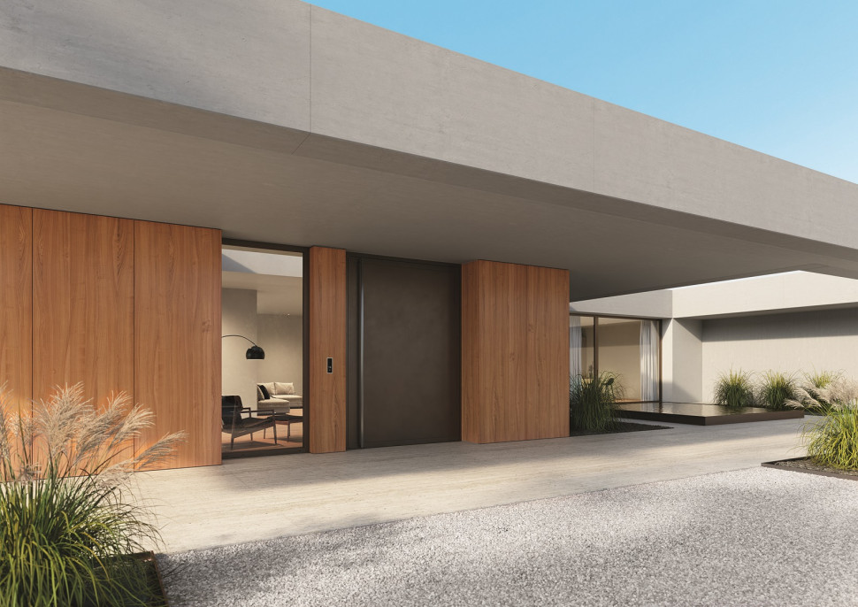 Drzwi pivotowe Schüco AD AL 75 mogą uzyskać wypełnienie transparentne lub nieprzezierne Fot.: Schüco