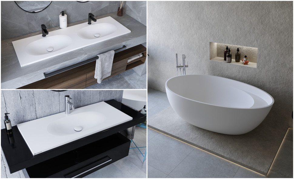 Cristalstone, umywalki Armonico; wanna Blanco