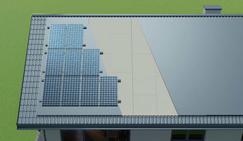 Dach spadzisty z zainstalowaną fotowoltaiką i płytami ogniochronnych PROMATECT®-H