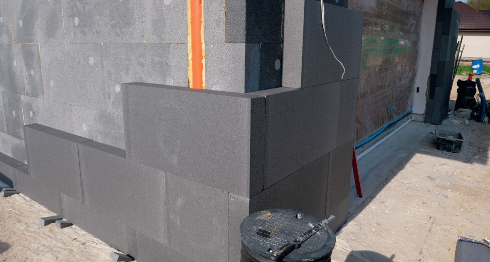 Tak ociepla się ściany budynków energooszczędnych - podwójna warstwa płyt z grafitowego styropianu, układanych na mijankę