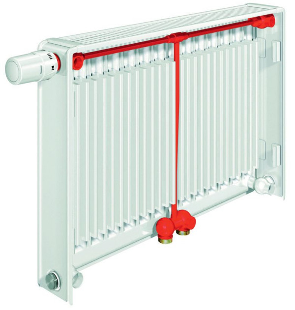 Przyłącze dolne może być położone po środku lub przy jednym z końców grzejnika