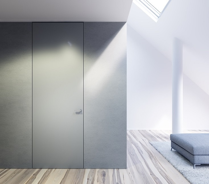 Drzwi z ukrytą ościeżnicą mogą zlewać się z płaszczyzną ściany (widoczna jest tylko wąska szczelina na obwodzie skrzydła)