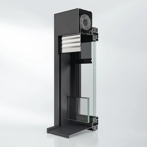 Przekrój przez okno Schüco Perfect z parapetem, balustradą, moskitierą i ochroną przeciwsłoneczną.