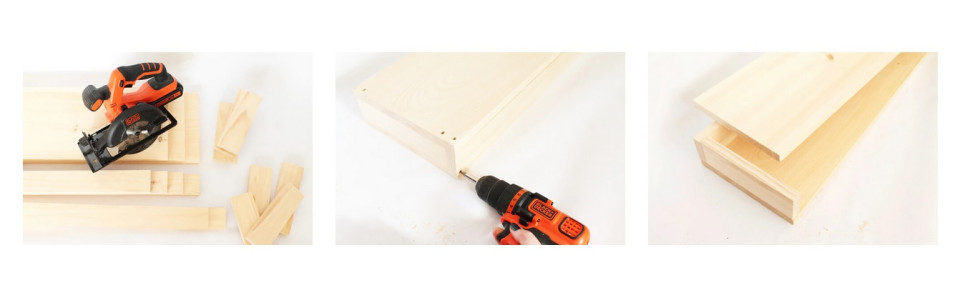 Rozpocznij cięcie półek, złącz elementy półki, dołącz podstawę skrzynki