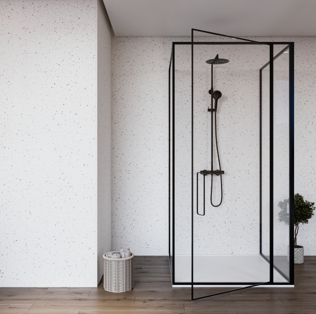 Luxum, brodzik na wymiar; okładzina ścienna z Solid Surface HanexToffee Crunch.