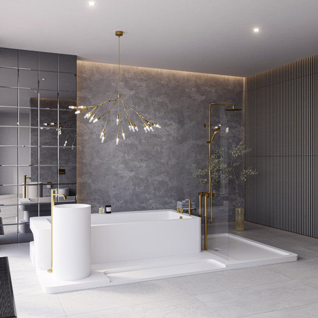 Luxum, wyspa kąpielowa na wymiar z umywalką i strefą prysznicową z GFK Luxum®.