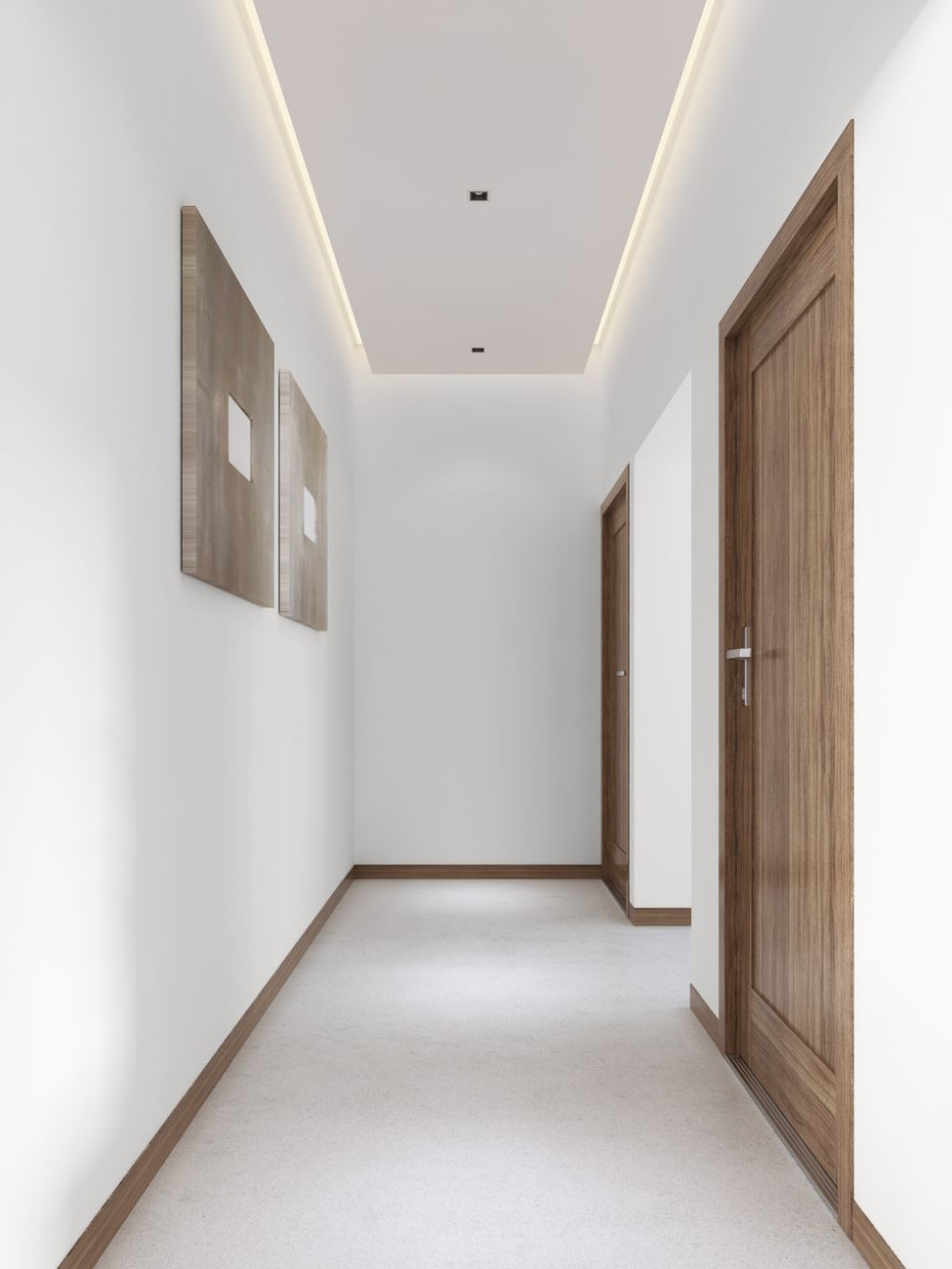 În cazul unui coridor îngust, unde fiecare centimetru este important, soluția ideală ar fi să folosiți alb ca zăpada pe tavan și pereți.