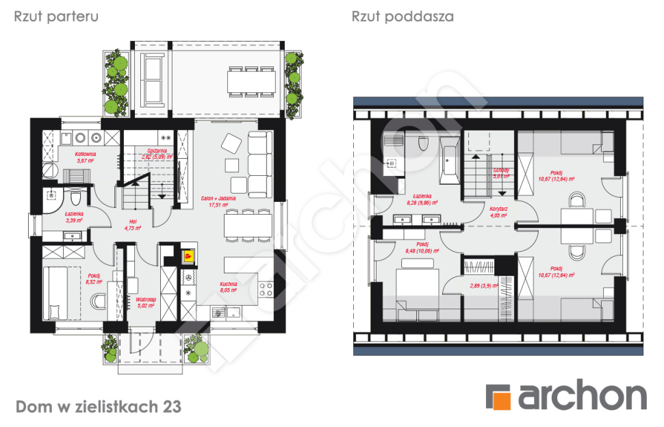 Dom w zielistkach 23 - rzuty parteru i poddasza
