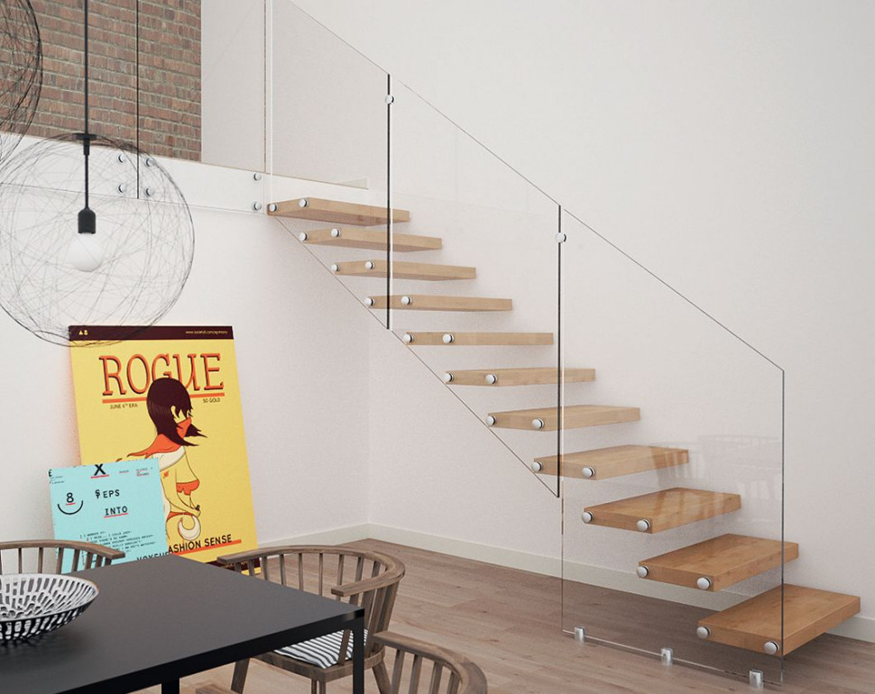 Stopnie bez widocznych mocowań ze szklaną balustradą, przytwierdzoną punktowo