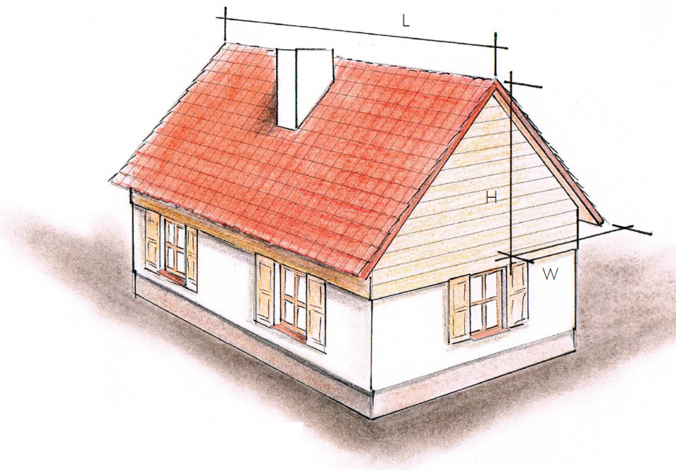 Rysunek: Wymiary niezbędne do wyznaczenia efektywnej powierzchni dachu