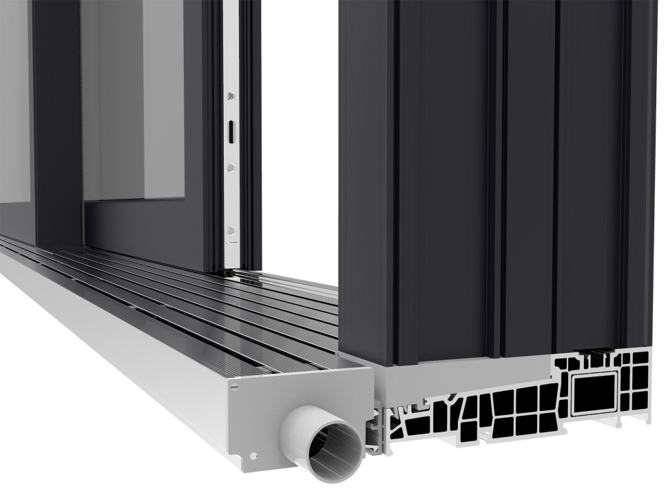 Drzwi tarasowe V-MOTION 82 z progiem bez barier wyposażonym w odwodnienie liniowe