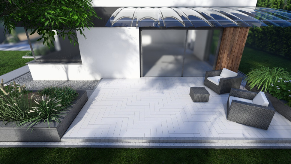 Kostka brukowa ułożona na wzór jodełki w kolorze Bello