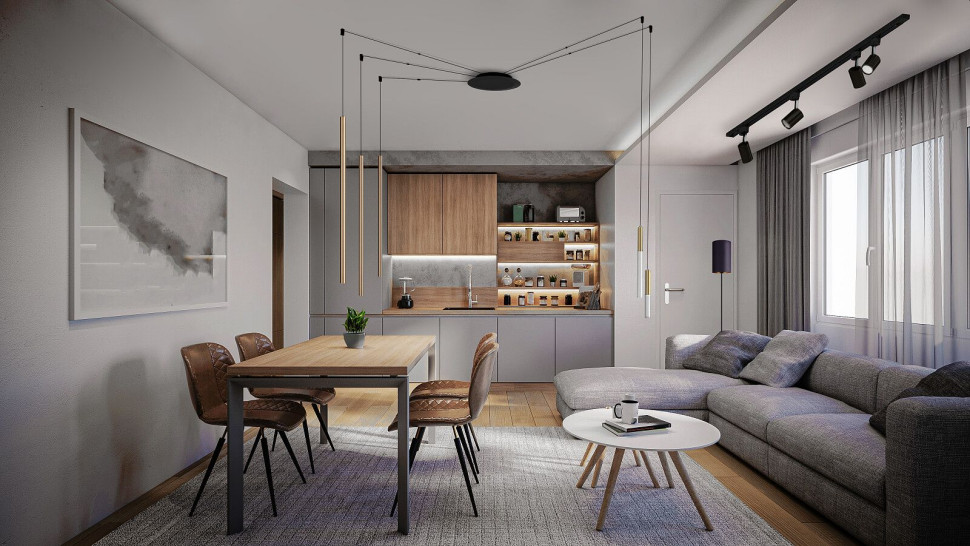 Lampa zamontowana nad stołem ma za zadanie równomiernie oświetlać jego blat