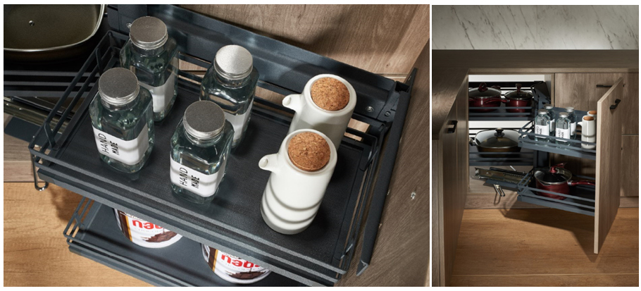 Systemy funkcjonalnego zagospodarowania przestrzeni szafek narożnych dolnych.