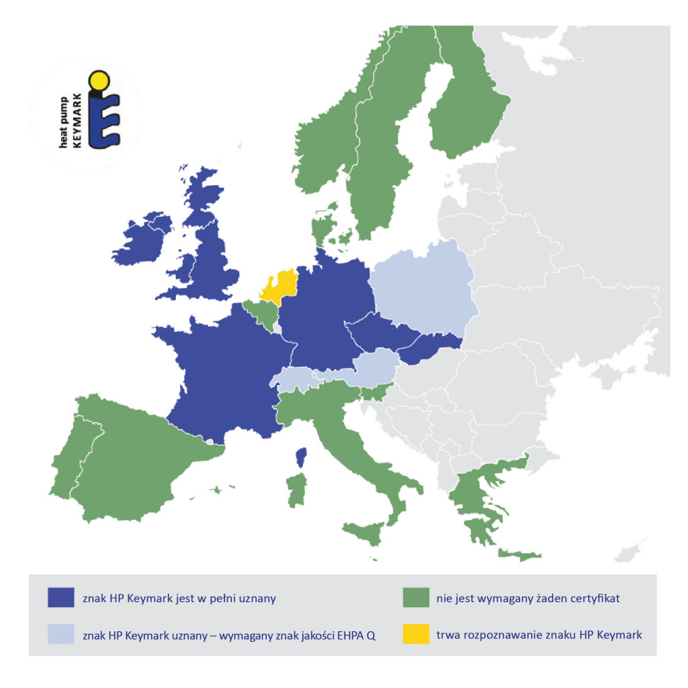  Rys. 1. Rozpoznawalność znaku HP Keymark w Europie - mapa zaprezentowana przez Patrica Crombeza, prezesa zarządu EHPA, na XII Kongresie PORT PC 13 czerwca 2024 r. (źródło EHPA)