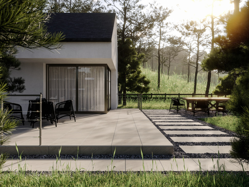 Wizualizacja tarasu z użyciem zewnętrznych płyt gresowych Stargres