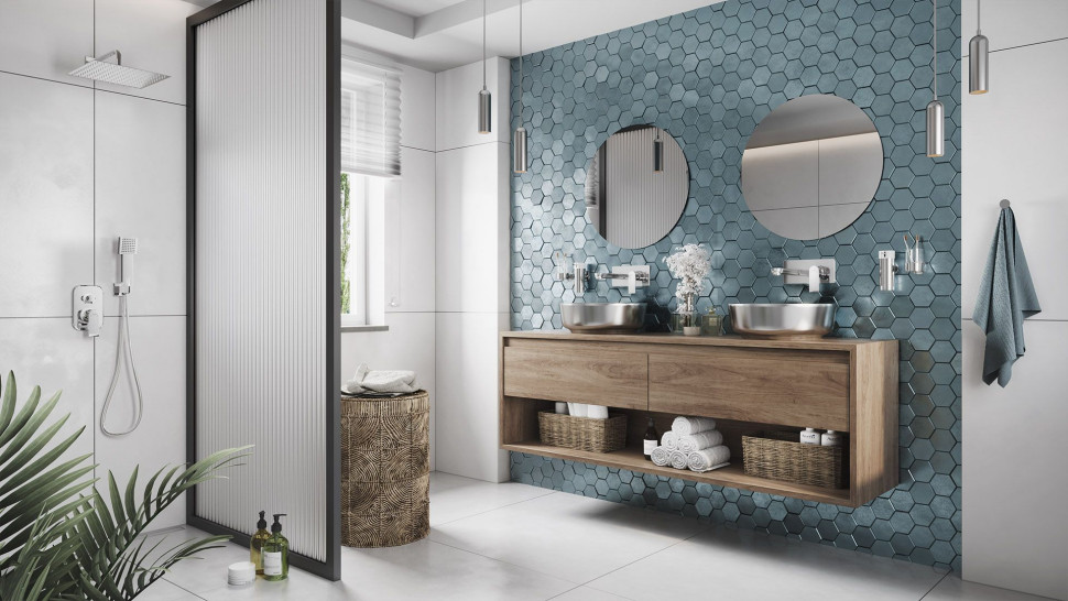 ALGEO SQUARE - bateria umywalkowo-wannowa podtynkowa, wylewka 22 cm