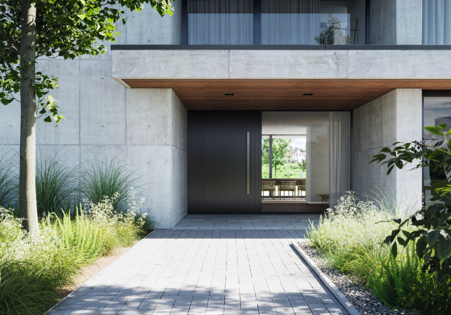 Nowoczesna strefa wejścia z system Schüco FingerPrint Easy wbudowanym w pionowy pochwyt drzwiowy.