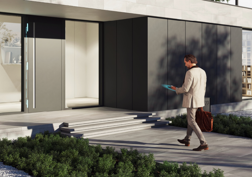 System Schüco SafeGuard jest zupełnie ukryty oraz umożliwia obsługę drzwi za pomocą smartfonu.