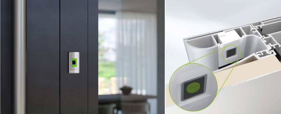 Czytnik Schüco FingerPrint Easy ukryty we wnęce pochwytu w drzwiach AD UP Design Edition Gen2.