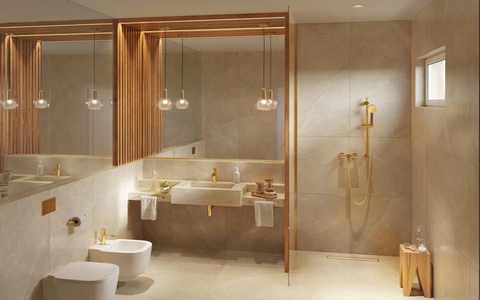 FIESTA BRIGHT GOLD - bateria umywalkowa stojąca, bateria bidetowa, bateria natryskowa