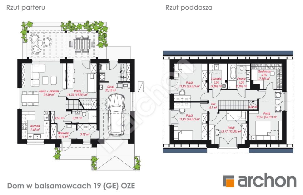 Dom w balsamowcach 19 (GE) OZE - rzut parteru i poddasza