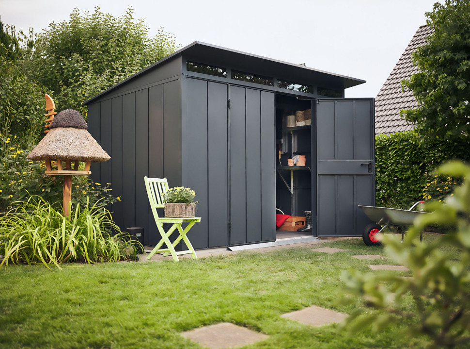 Domek ogrodowy Berry, wzór Modern z dachem jednospadowym, drzwi 2-skrzydłowe