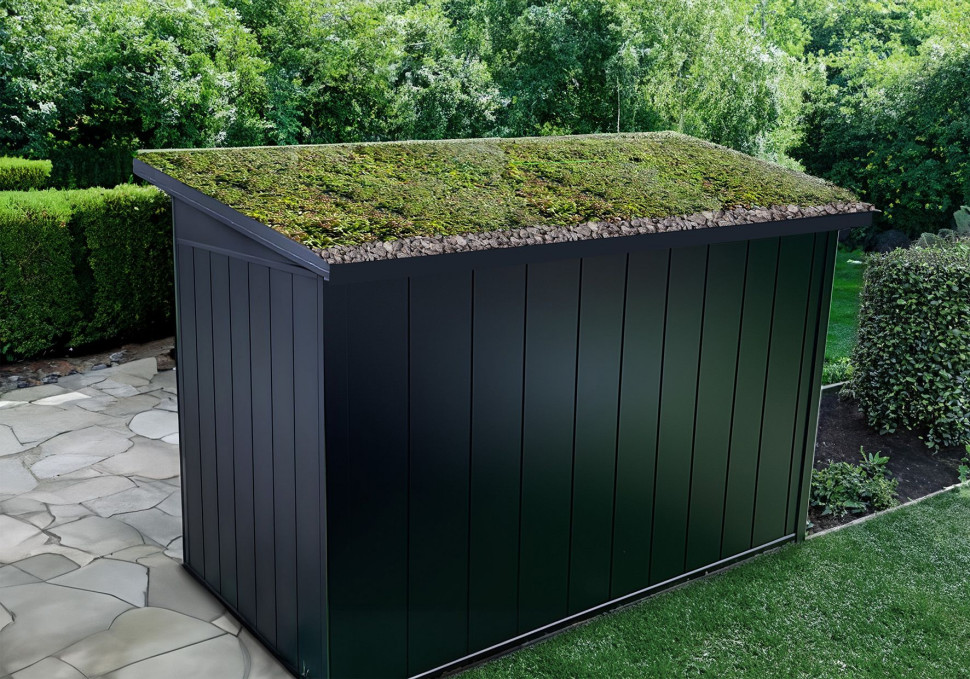 Domek ogrodowy Berry, wzór Modern z dachem jednospadowym wyposażonym w ramę, umożliwiającą pokrycie zielenią