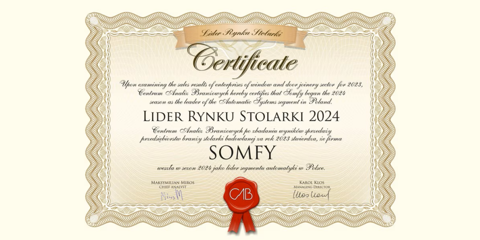 Somfy nagrodzone tytułem Lidera Roku Stolarki 2024