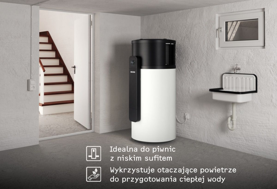 Infografika: Nowa pompa ciepła do c.w.u. serii SHP-I 300 Plus jest idealna do piwnic z niskim sufitem