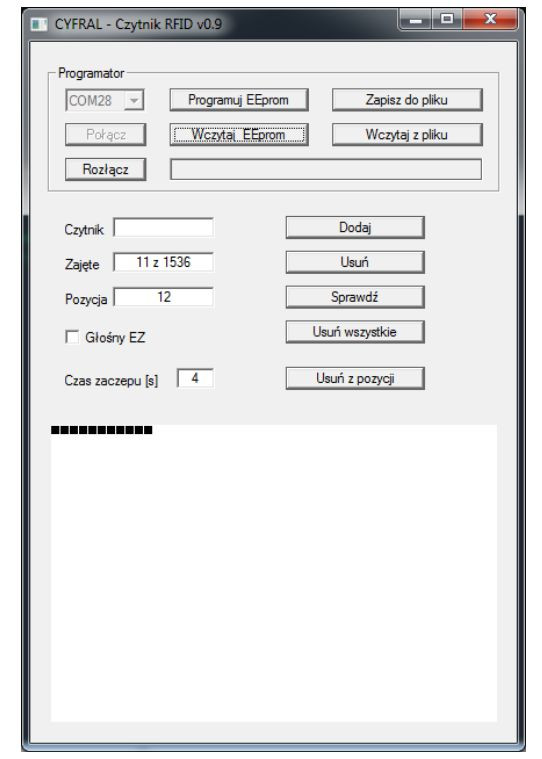 Okno programatora PC dla czytnika RFID 125 kHz