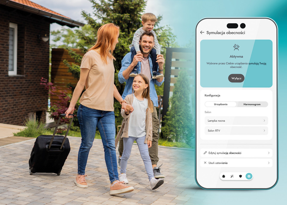 Podczas Twojej nieobecności oprócz systemu alarmowego o bezpieczeństwo domu zadba też automatyka. 