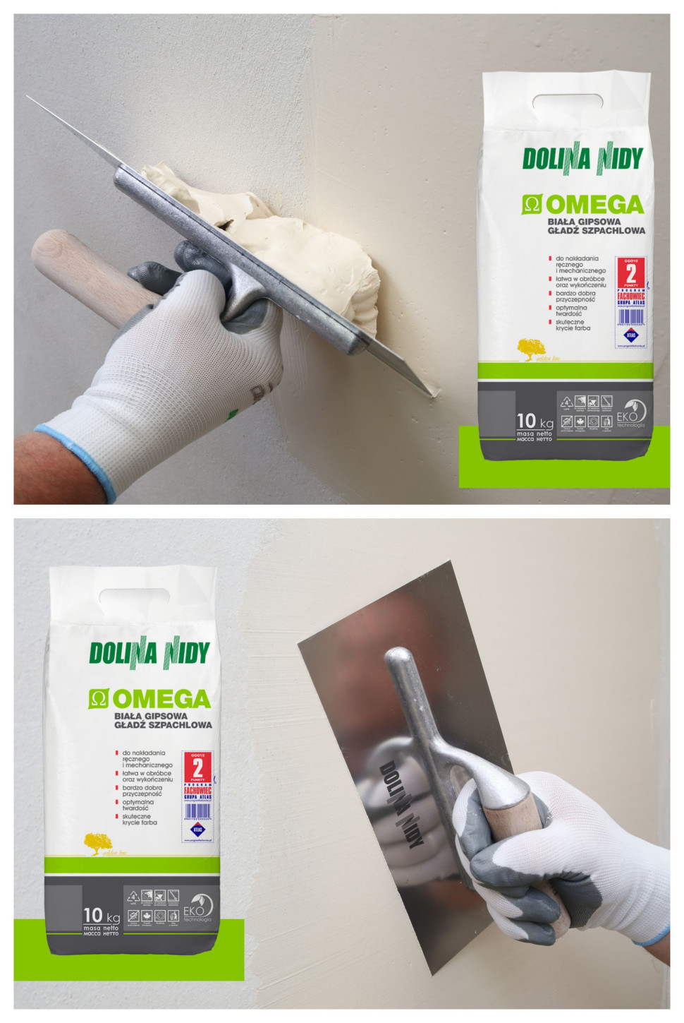 Nakładanie białej gipsowej gładzi szpachlowej Omega szpachlą