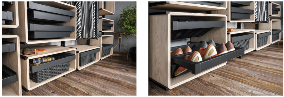 Ażurowe i rattanowe szuflady w garderobie ELITE od GTV nadadzą każdej przestrzeni loftowy klimat